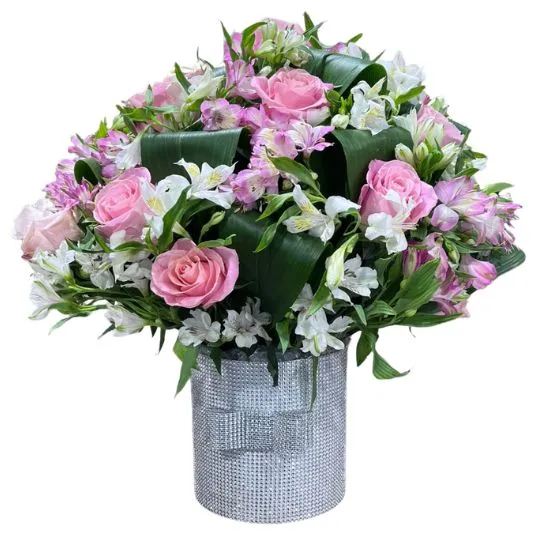 caja pote strass plata con rosas importadas